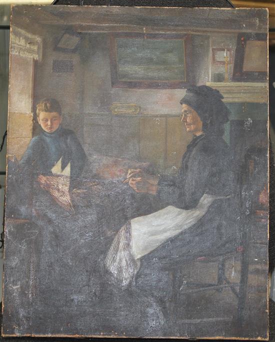 English School Cottage interior with woman mending nets, 19 x 15in., unframed